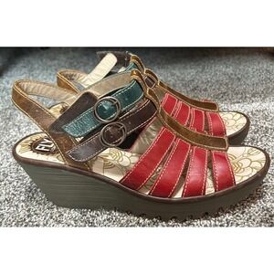 Fly London Ygor Women's Sz 41/10-10.5 Wedge Sandals Multi Color Straps